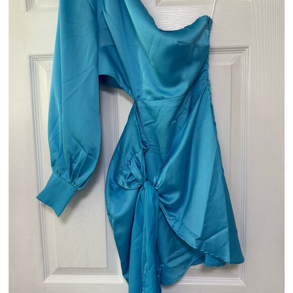 Hello Molly New Women's Blue Satin One Shoulder Cut Out Mini Dress Size 4 - Picture 13 of 14